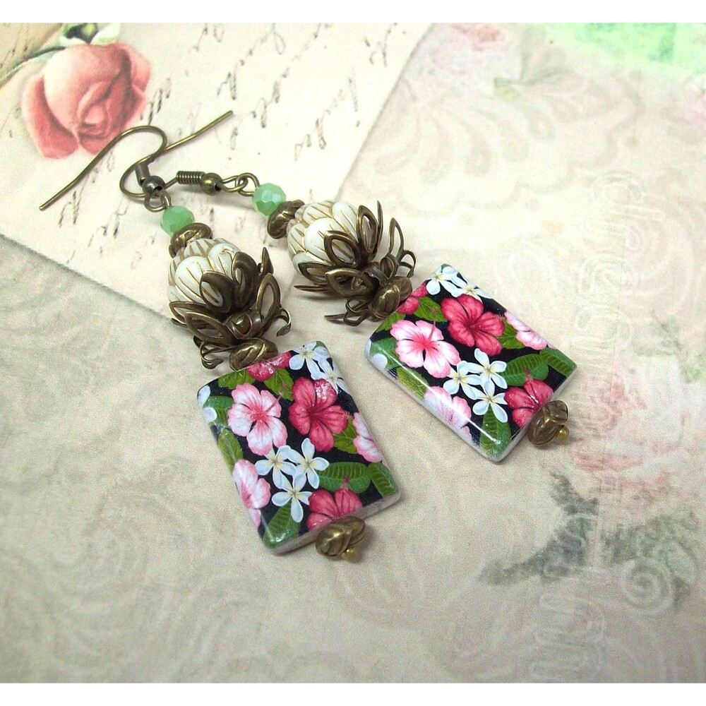 Art Nouveau Floral Earrings Antique Bronze, Vintage Style, Artisan Crafted Flowe